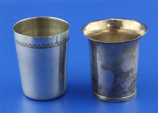 An late 18th century continental unmarked silver beaker and an early 20th century Egyptian silver beaker, 6.5 oz.